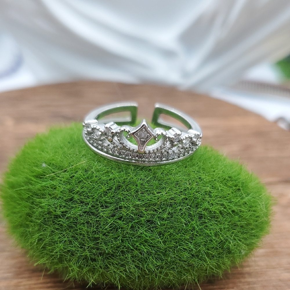 Silver Crystal Tiara-Style Open Band Ring - Silver Adjustable Band R818
